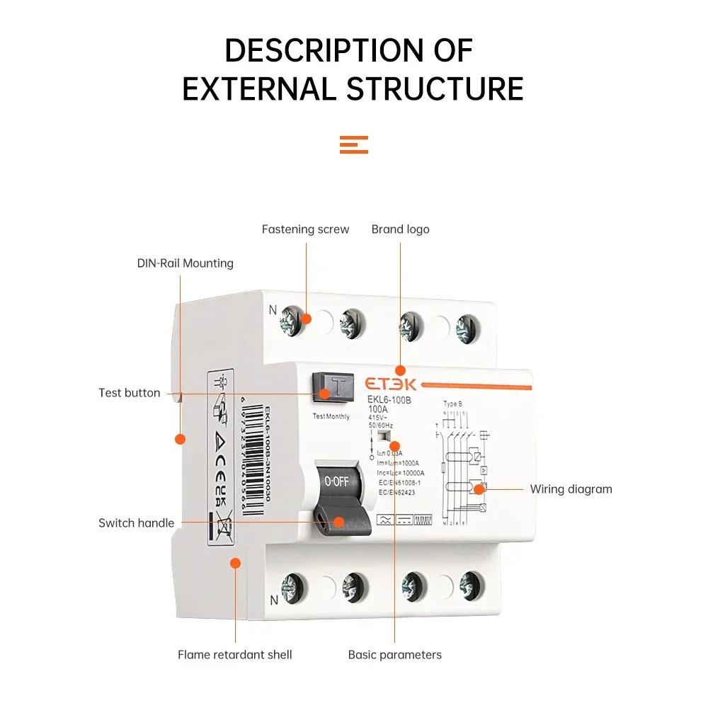 ETEK RCD RCCB tipo B interruttore differenziale differenziale Evse 2P 4P AC 40a 63a 100a 30ma EKL6-100B 10KA guida Din 220V