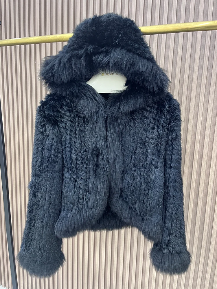 2025 패션 여성 천연 토끼털 코트 니트 리얼 폭스털 후드 재킷 오버코트 의류