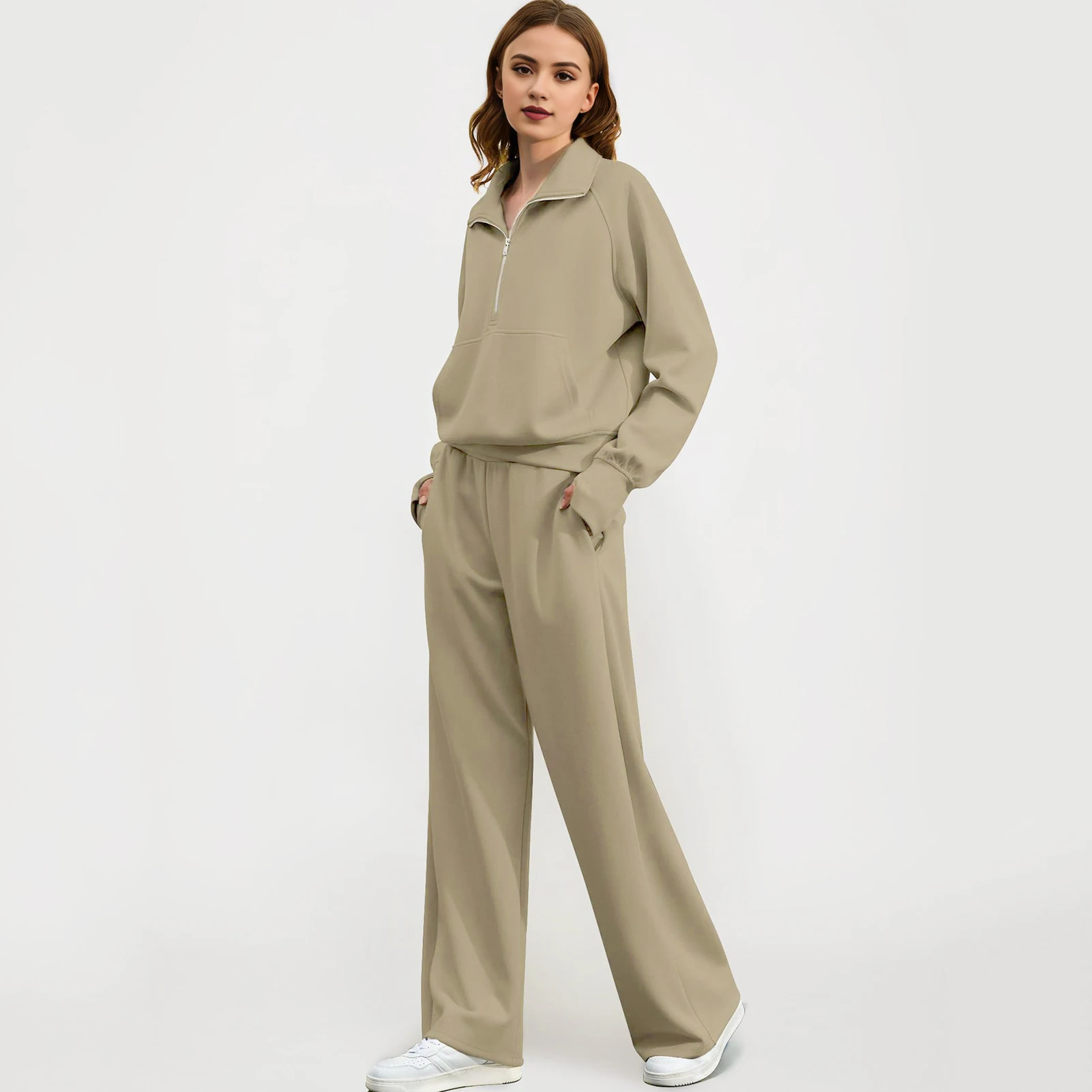 2Pcs Women Autumn Sweatshirt Pant Set Solid Color O Neck Long Sleeve Top Drawstring Pants Suit Sport Tracksuit Ladies Clothing