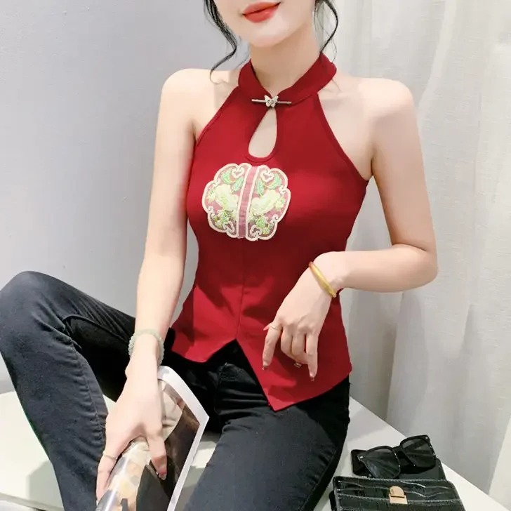 Chinese Style Embroidered Halterneck Vest Ladies Sleeveless Summer Wear Off-the-shoulder Small Suspender Chinese Slim Tank Top