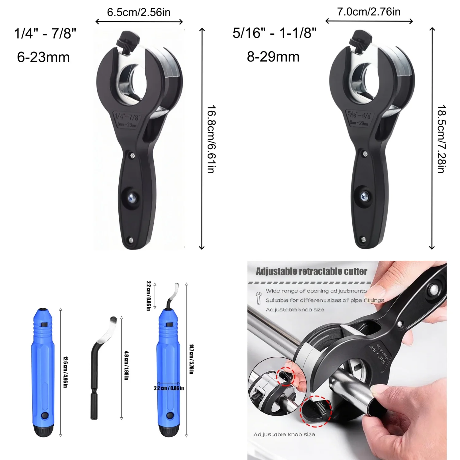 6-23mm or 8-29mm Ratcheting Tubing Cutterwith 3 Blades and Deburring Tool for Copper Brass Aluminum Corrugated Pipes PVC PPR view 6