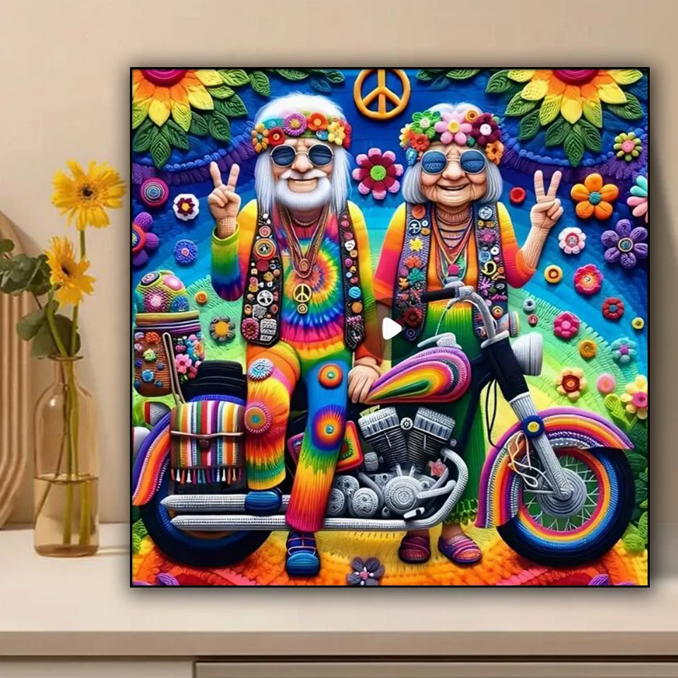 Vibrant Hippie Couple & Motorcycle Theme Full Square Round Diamond Mosaic Diamond Painting New Diy Cross Stitch Kits Unique Gift