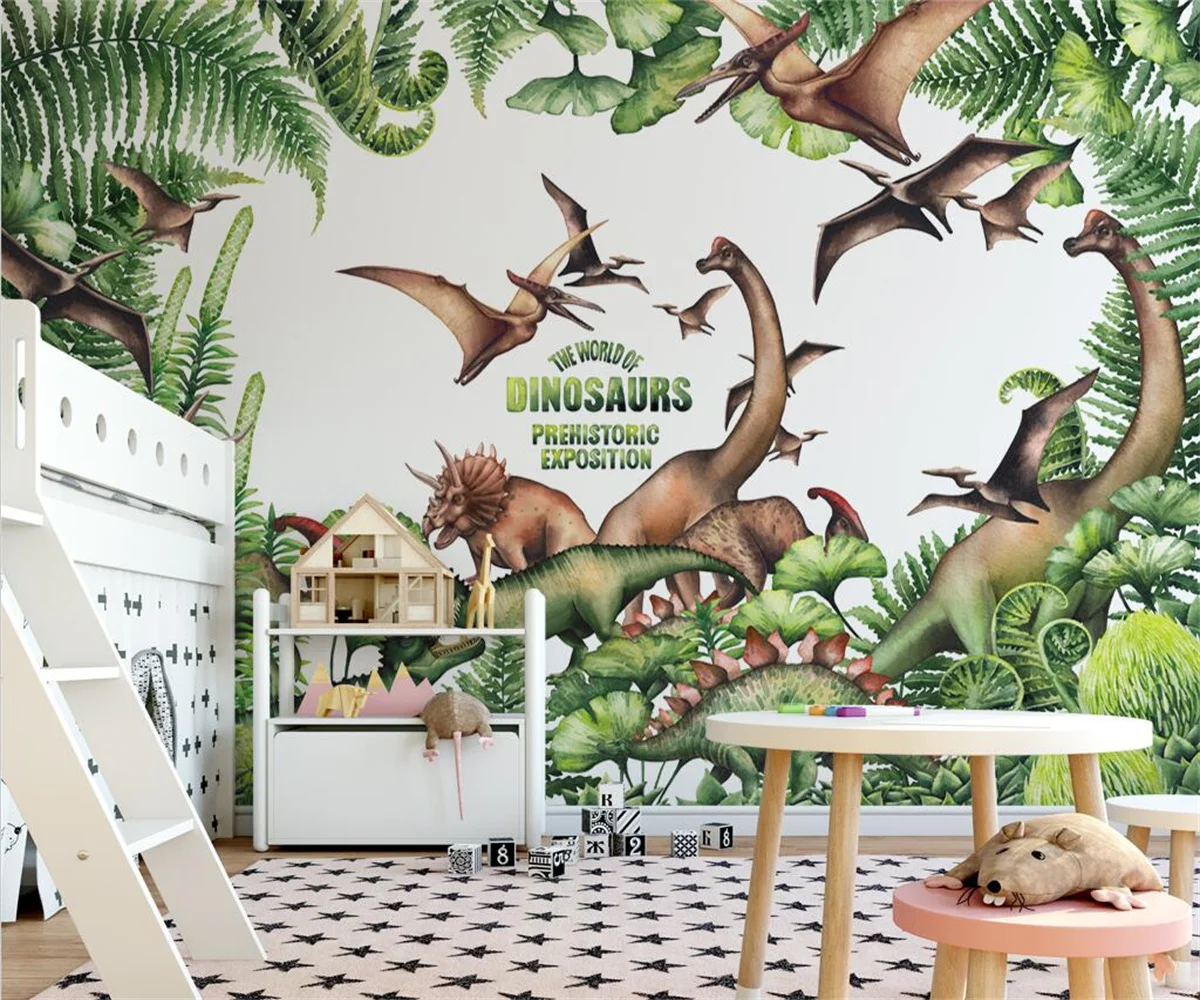 custom mural Nordic style tropical plants cartoon dinosaur age elk children's room background wall wallpaper 3d wallpaper