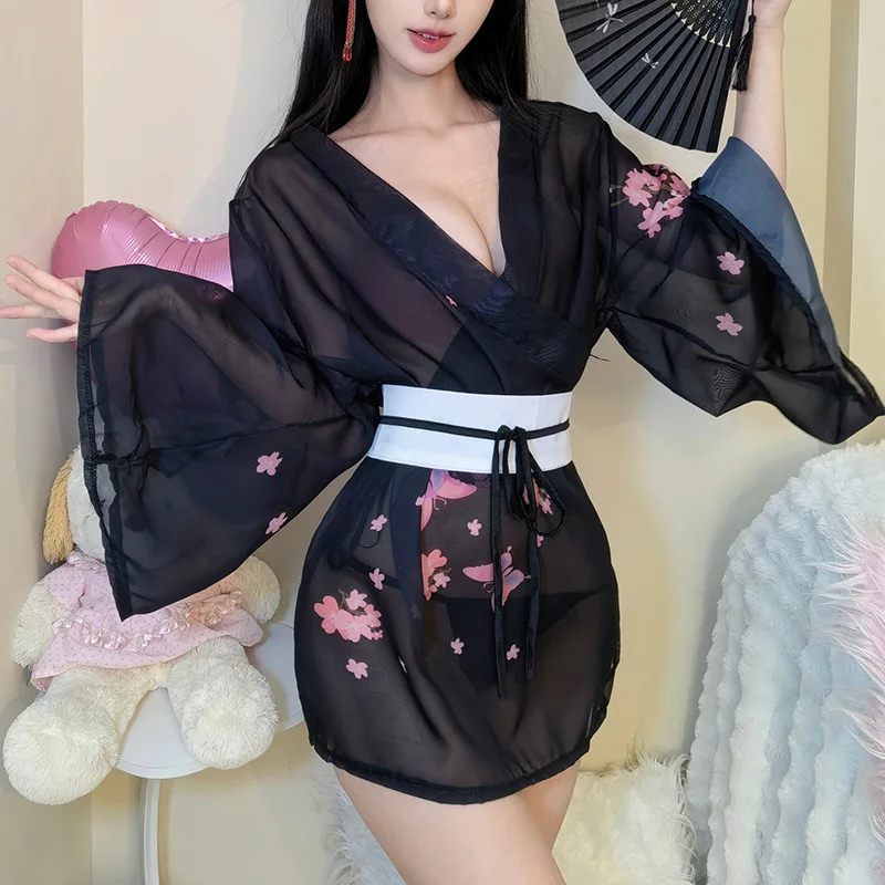 Erotic Japanese Kimono Set See-through Bathrobe Dress Sexy Geisha Lingerie Printing Pajamas Fashion Women Passion Nightwear 2025