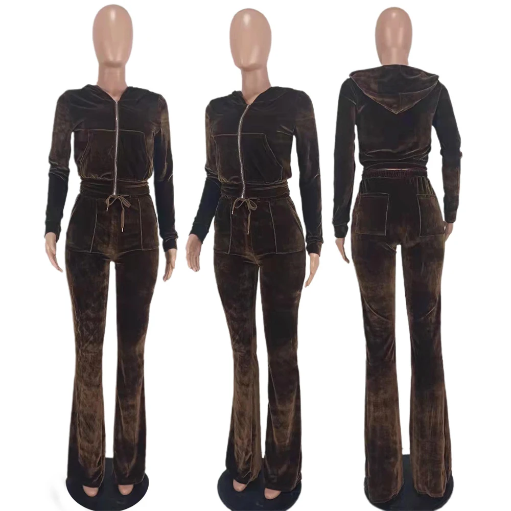 JENYAGE Damen Y2K Einfarbiger Velours Zweiteiler Trainingsanzug mit Reißverschluss-Kapuzenjacke und ausgestellter Hose mit Kordelzug, lässiger Jogginganzug – Detail 23