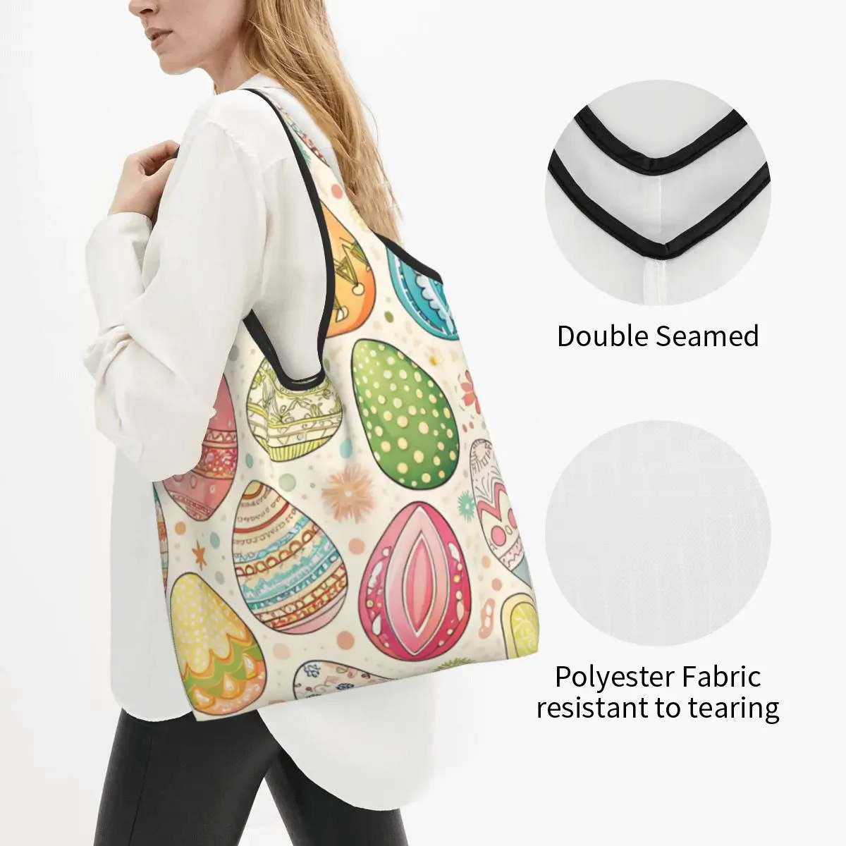 Reusable Happy Easter Eggs Grocery Bag Foldable Machine Washable Ethnic Shopping Bag Large Eco Storage Bag Lightweight