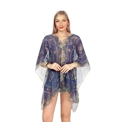 Xale de proteção solar feminino, camiseta feminina, cachecol leopardo, blusa de biquíni, poncho de praia respirável, férias de verão