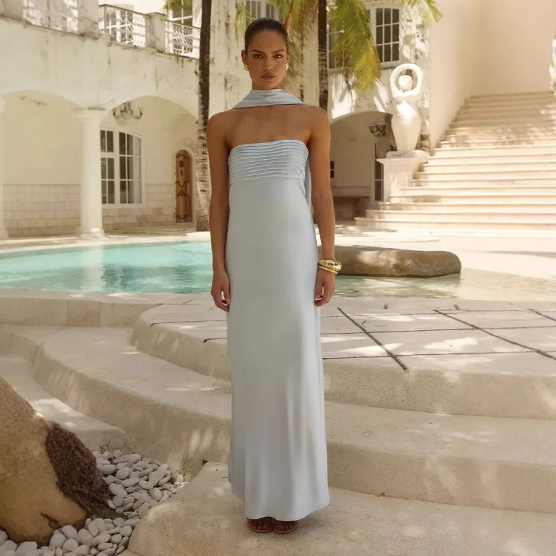 Abito da cocktail elegante da donna in tubino di raso Abito lungo da sera a sirena con spalle scoperte increspato per celebrità con nastro