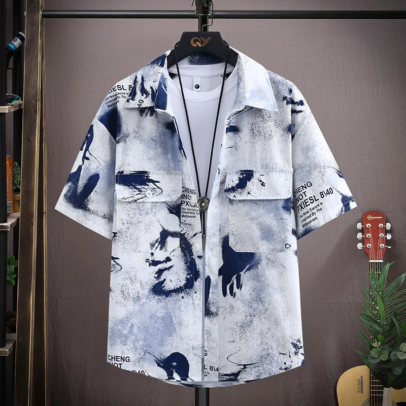 2025 summer Men's Printed pattern Short Sleeve Shirts  men Vacation Beach Shirts Tops Casual Comfortable Lightweight Button Male