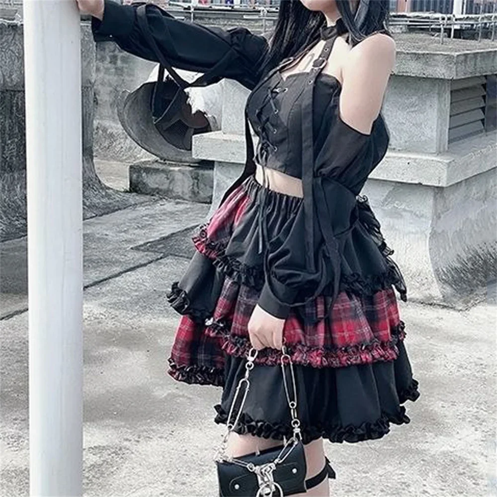 Black Red Rock Harajuku Kawaii Lolita Pleated Skirts 2025 Hot Girl Plaid Print Patchwork Punk Skirt Lolita Fairy Grunge Skater