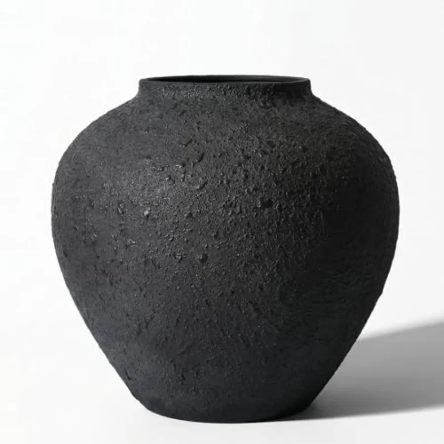 

Black Large Round Vase for Flowers, 11 Inch Metal Rustic Textured Earthy Stone Look Matte Iron Big Vase for Modern Farmhouse Ta