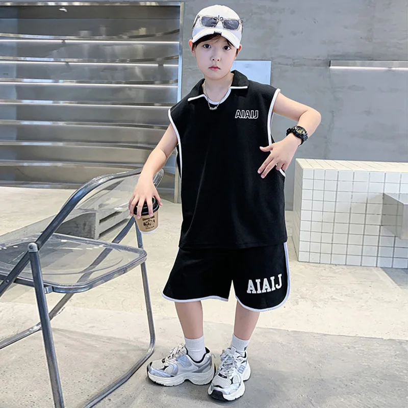 Conjunto de ropa para niños, chaleco Vintage de estilo americano para niños, Jersey holgado deportivo informal, camiseta sin mangas, pantalones cortos, conjunto de dos piezas
