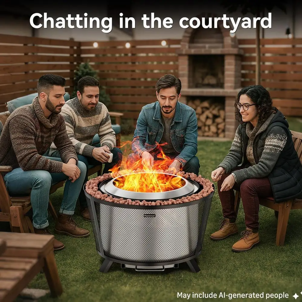 29 Large Outdoor Heavy-Duty Wood Burning Fire Pit with Dual-Wall Design, Mesh Shield, Pull-Out Ash Pan, Stylish Patio or Backyar