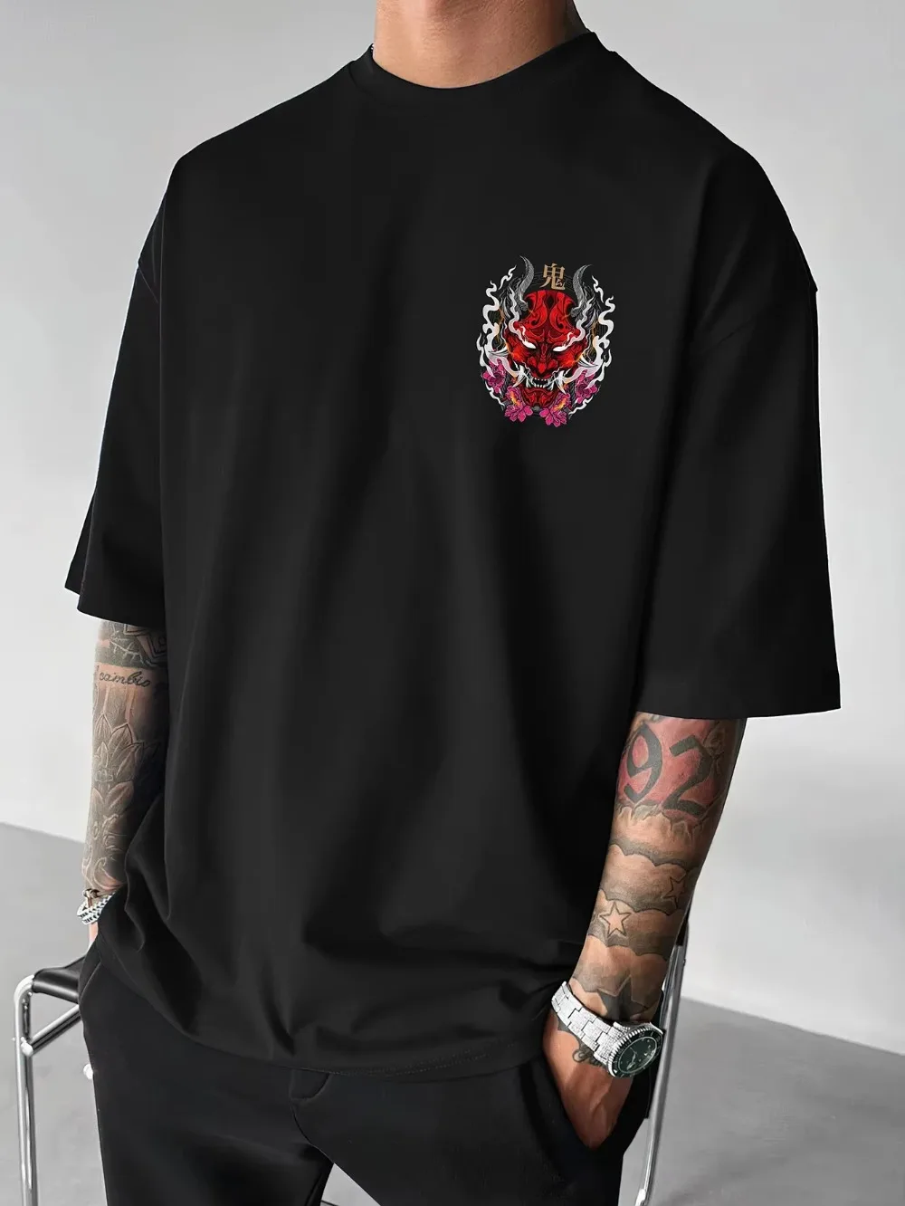 Japanisches Dämonen-Oni-Maskenmuster, 3D-Druck, atmungsaktiv, schnell trocknend, großes T-Shirt für Herren, Outdoor, Freizeit, Sport, Eltern-Kind-Kleidung – Detail 5
