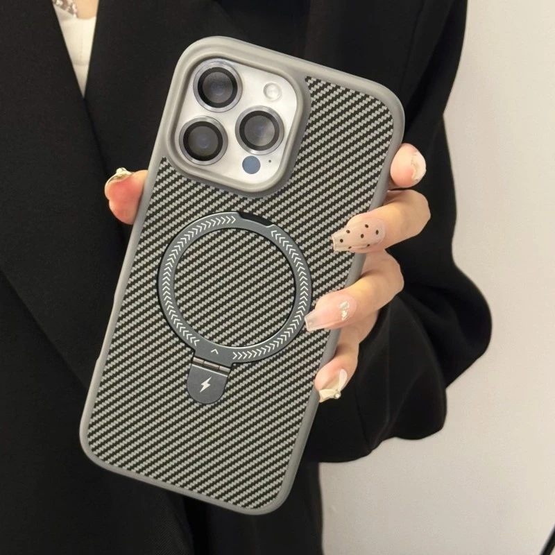 Kohlefaser-Metallring-Ständer Magnetische Hülle für MagSafe iPhone 15 14 13 12 11 16 17 Pro Max mit Objektivschutz Mac Safe Cover