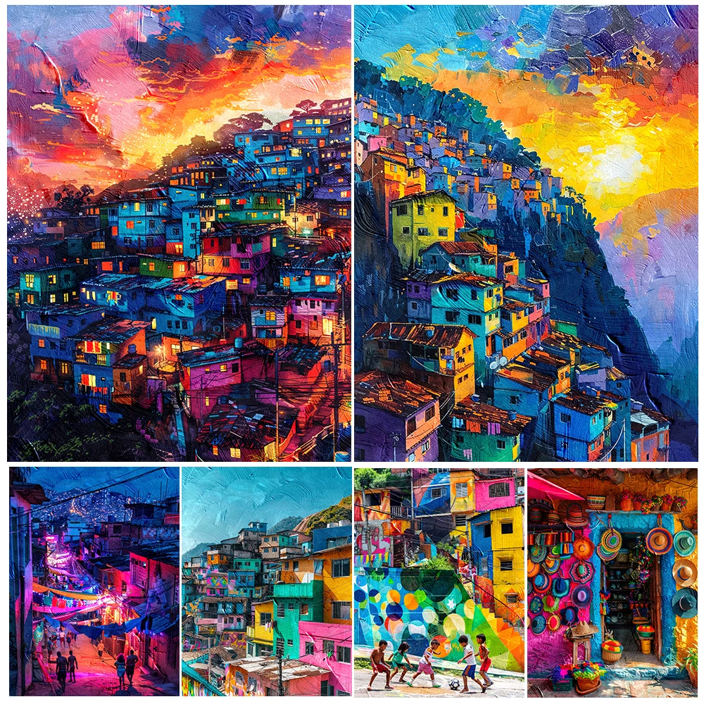 Brazilian Favela Inspired Giclee Print Wall Art,Sunset Over Favela Abstract Art Painting Print Home Decoration Unframed