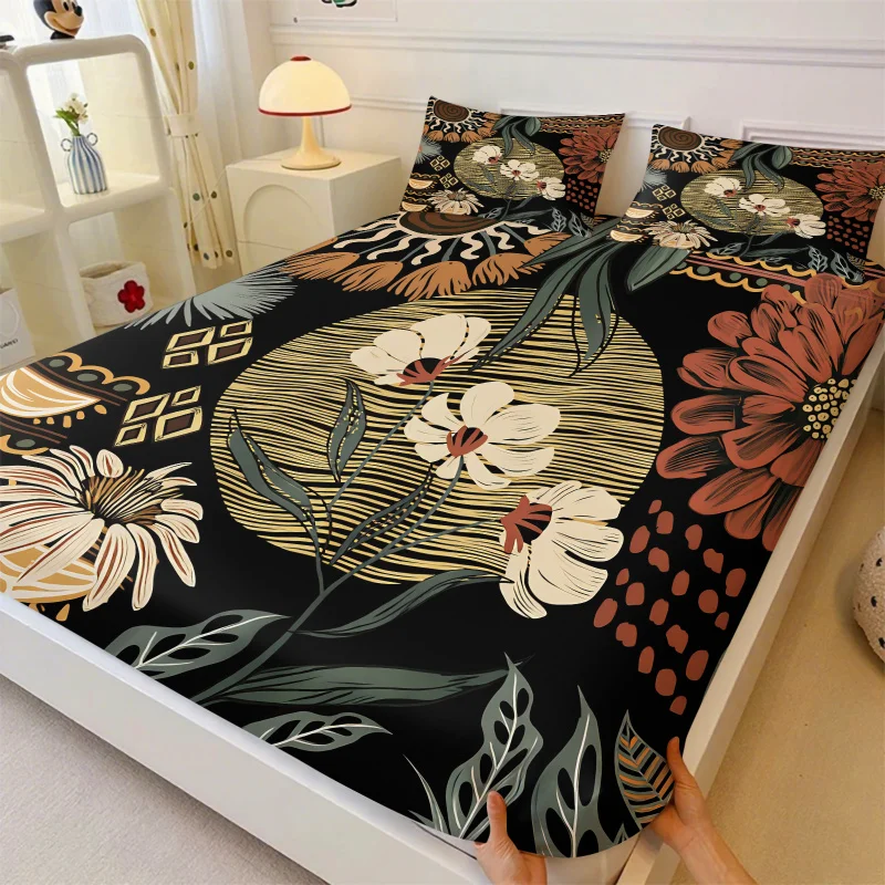 Retro Tribal Golden Geometric Flower Full Wrap Fitted Sheet Set Breathable Anti-pilling Washable Room Decor All Season Bedding
