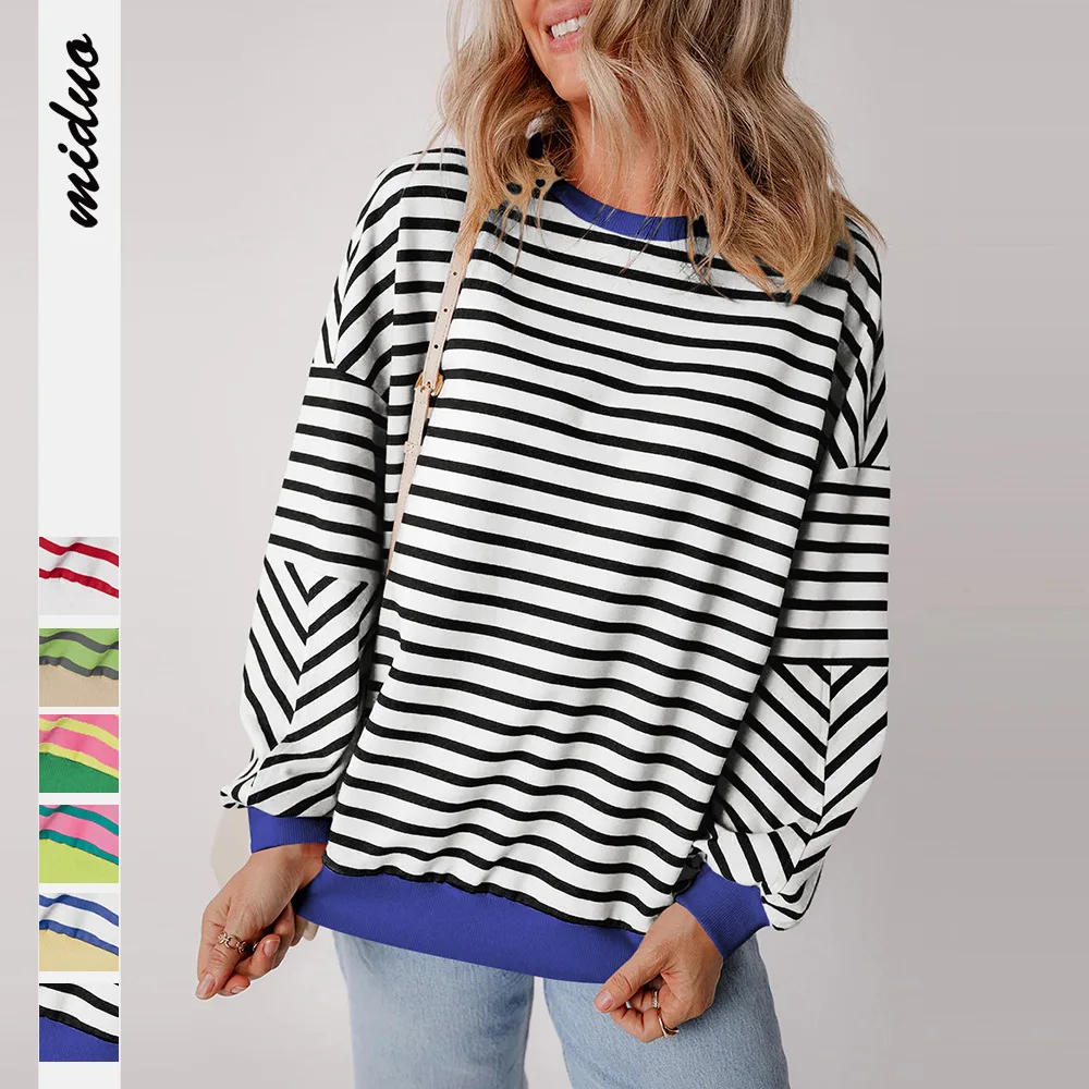 

Spring Autumn Women's Long Sleeve Tops Female Casual Loose O-neck Stripe Sweatshirt Lady's Oversize Pullovers Women's Clothing