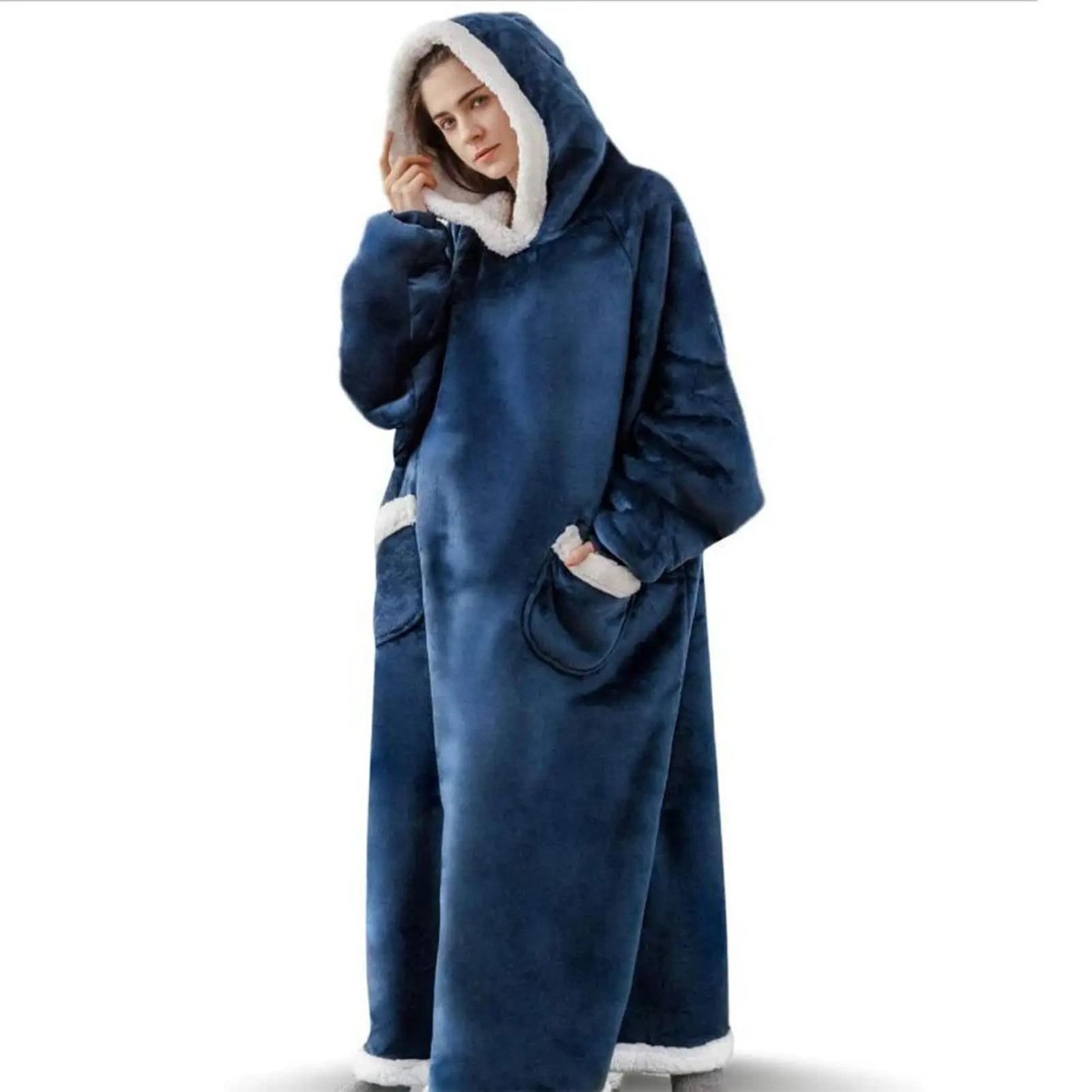 Extra Long Wearable Hoodie Blanket for Adults, Ultra Soft Flannel Sherpa Lined Hooded Blanket Robe with Pockets, Warm Home Loung