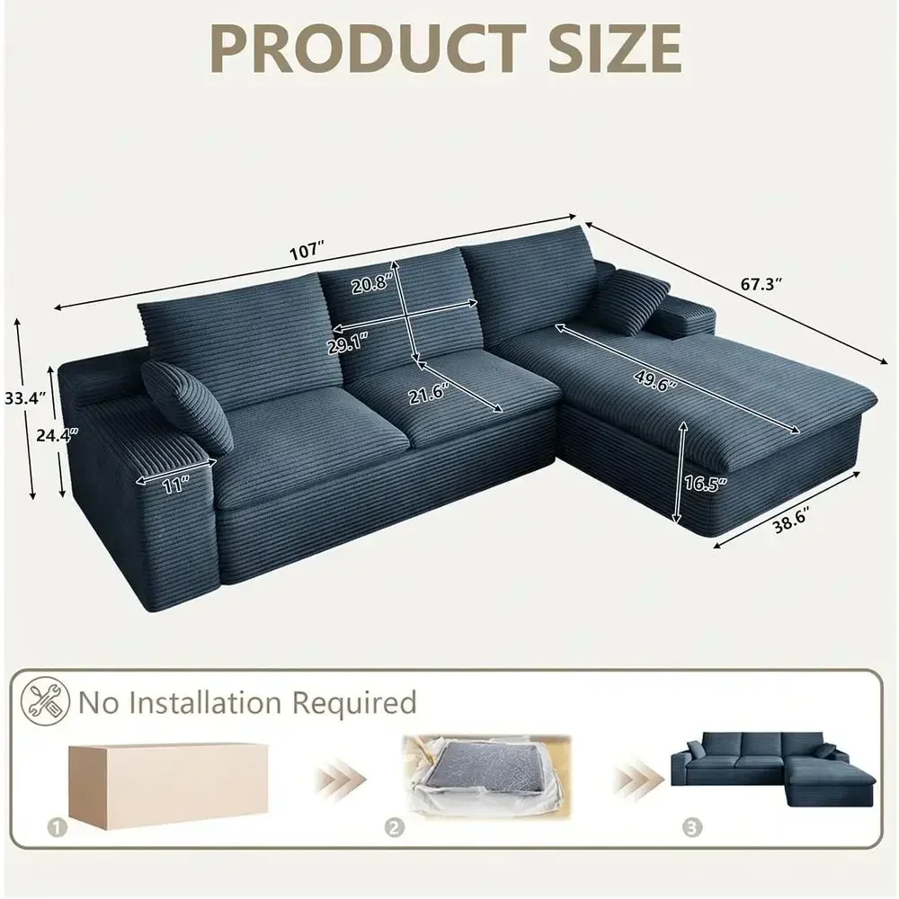 L-Shaped Sectional Couch with Chaise, Deep Seating, Corduroy Fabric, Blue, Right-Facing Chaise, No Assembly Needed
