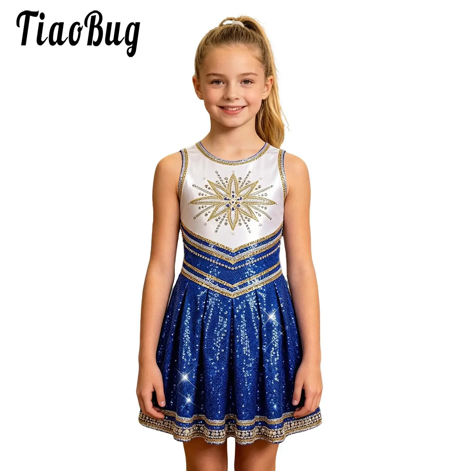 Kid Girls Shiny Sequins Dance Cheer Leading Dress Sleeveless Aline Ruffle Dress Cheer Leader Performance Dress for School Sports