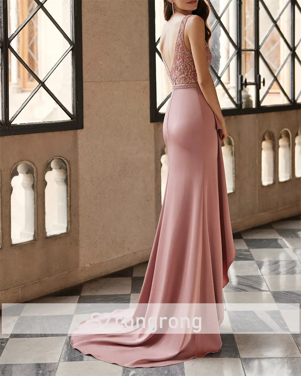 Vestido de novia elegante con cuello en V, corsé de lentejuelas de satén, vestido de noche Formal, vestido de fiesta con volantes escalonados y espalda descubierta con tren personalizado