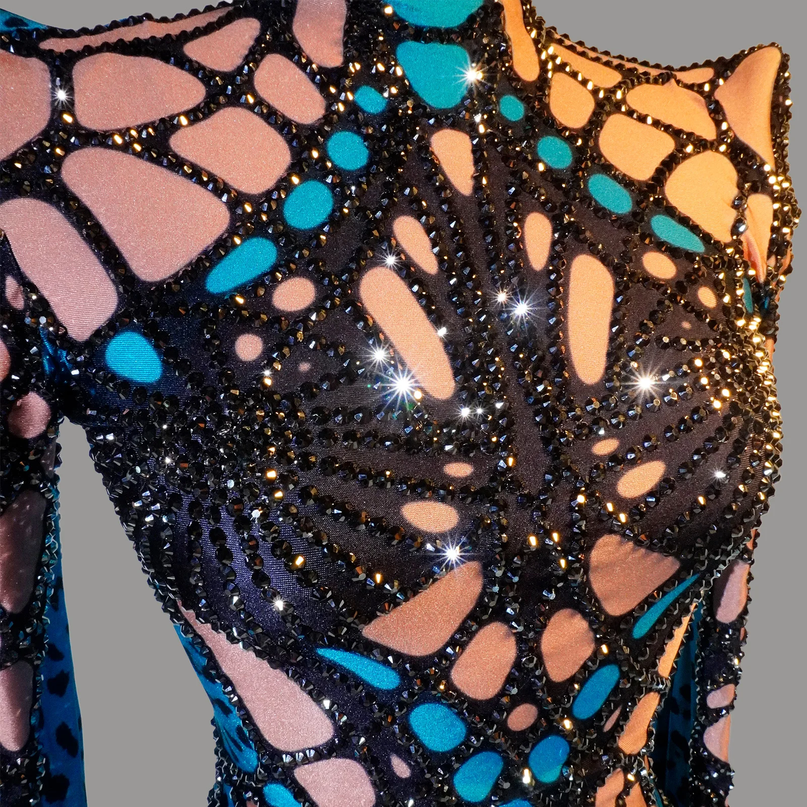 Blue Color Block Sparkly Rhinestone Turtleneck Long Sleeve Sexy Bodysuit Drag Queen Party Bar Stage Performance Costume view 4