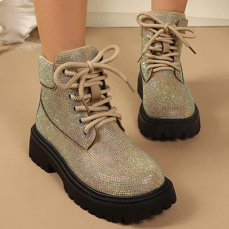 Women's Luxury Shiny Crystal Platform Boots 2026 Autumn Lace Up Thick Sole Short Boots Woman Brand Designer Motorcycle Shoes