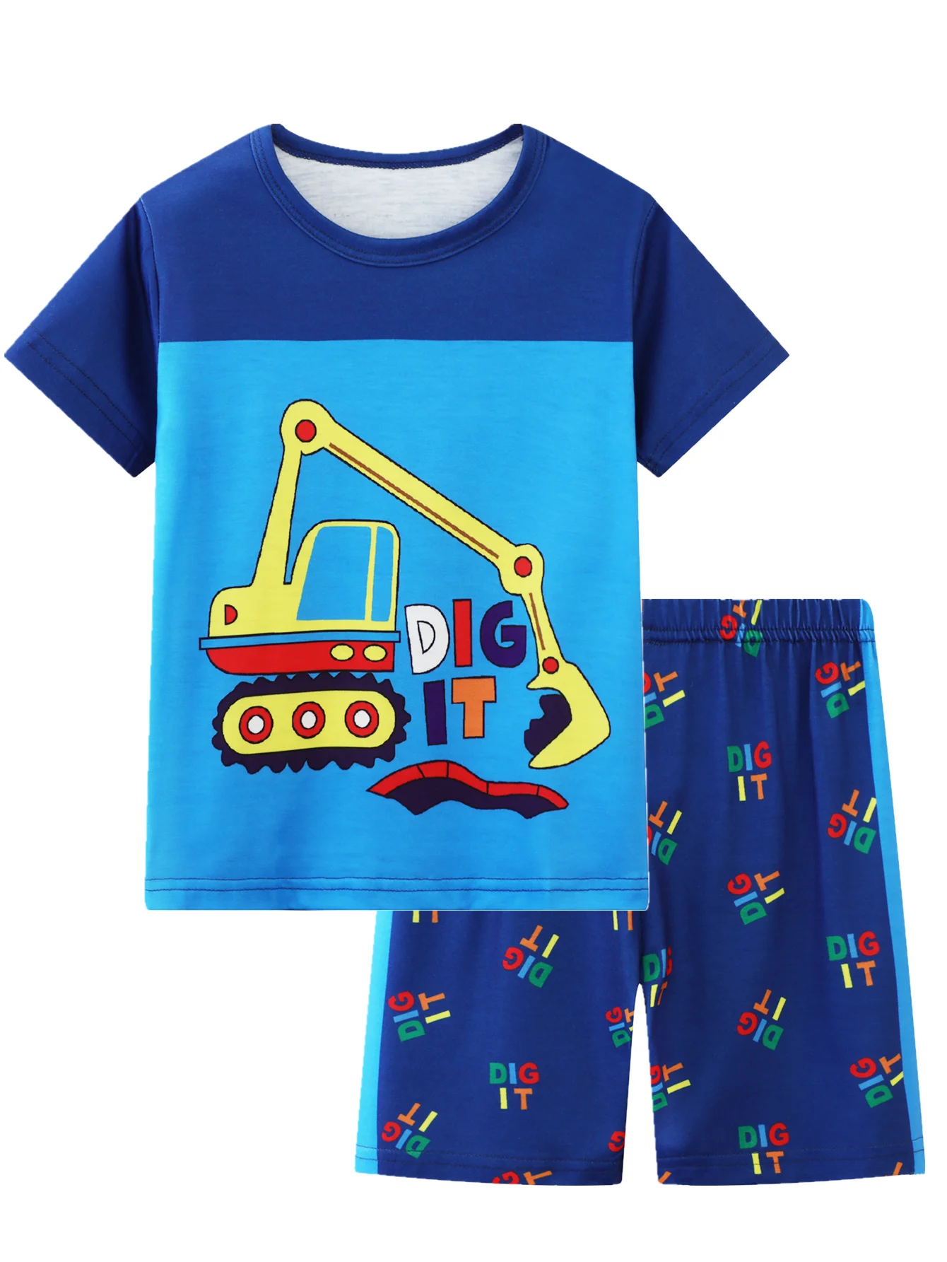 2pcs Boys Loungewear Set, Casual Cartoon Digger Print Short Sleeve Top + Shorts Cool Pajamas Home Clothes Set For All Seasons