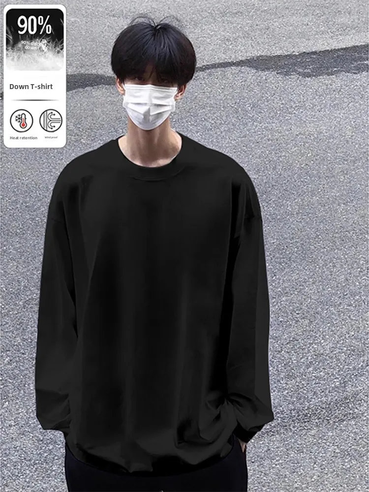 Bla down Filled Long Sve T-irt Men's Warmth Comfortable Hoodie Trendy Brand Inner Wear Base Top for Autumn Winter