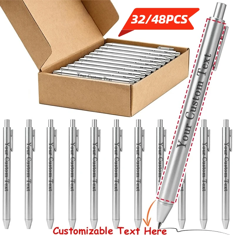 32/48PCS Customizable Ballpoint Pen Set with a Kraft Gift Box Retractable Black Ink Laser-Engraved Text Smooth Writing Pen