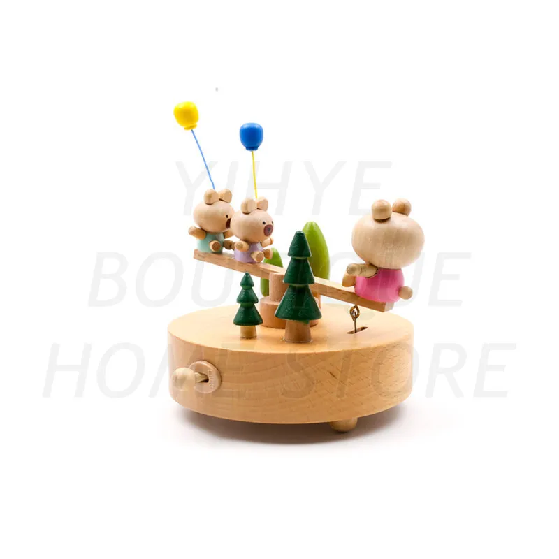 

Beech Solid Wood Bear Seesaw Rotating Music Box Creative Home Decor Children Birthday Festival Gift Figurines Decoration Crafts