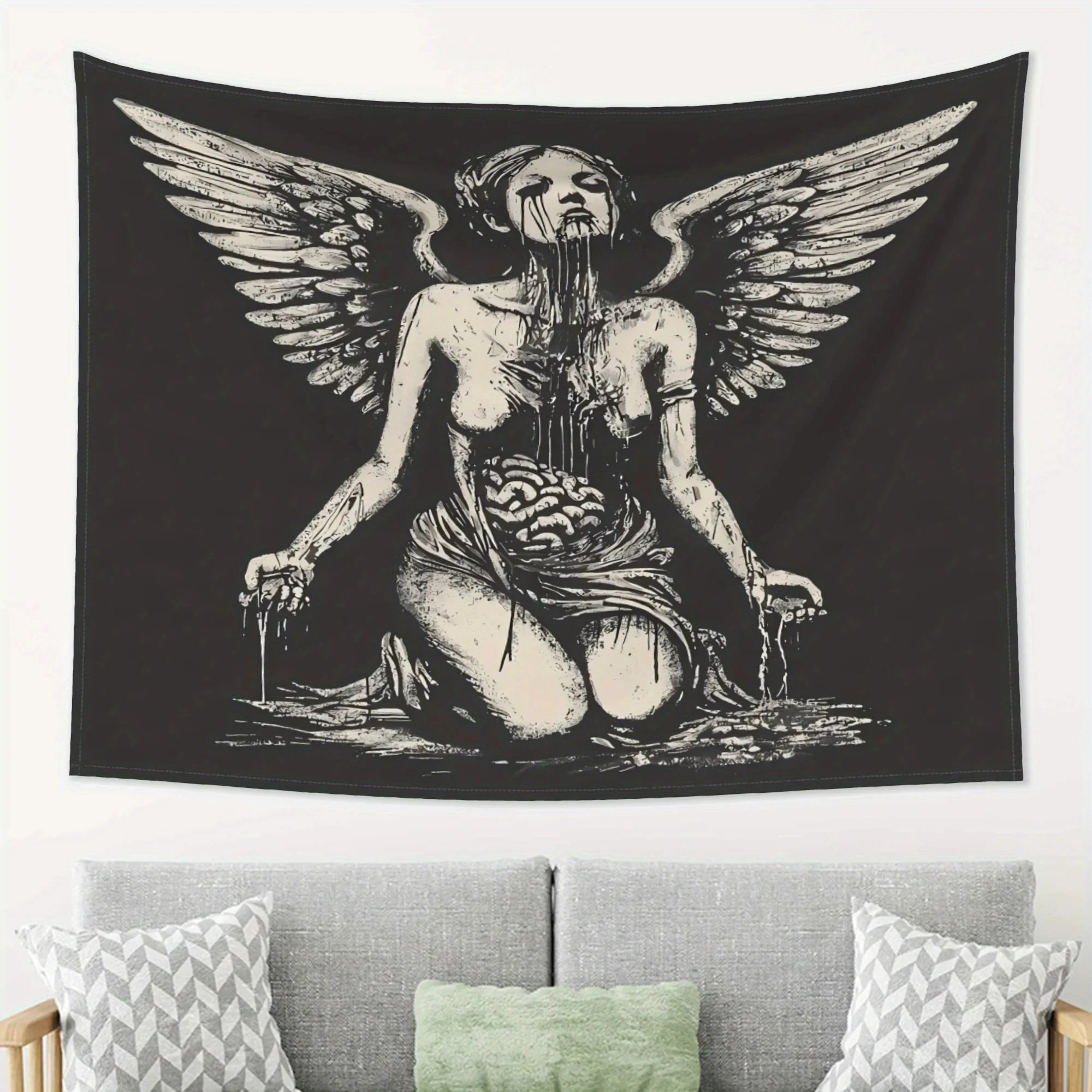 Dunkler Engel Wandteppich mit Geflügelten Figur Kniender Engel Kunstwandbild Schwarze Mystik Wohnzimmer Wanddekoration Raumakzent