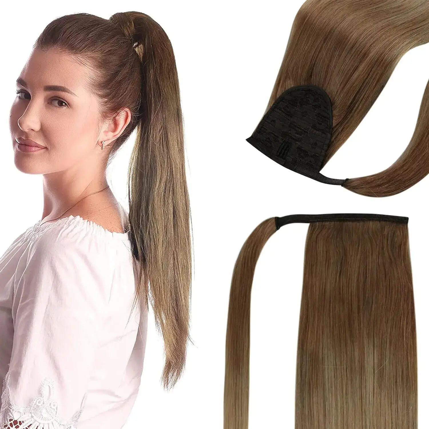 Straight Ponytail Extensions Medium Brown #6 Wrap Around Ponytail With Clips Easy Install 100G Brazilian Human Hair Extensions