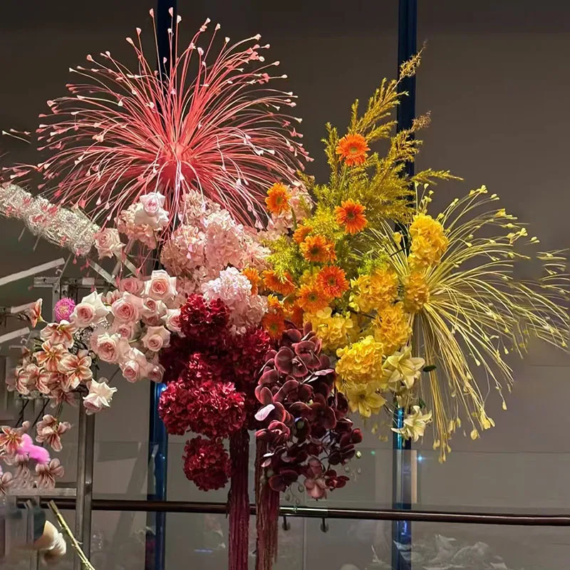 

7Pcs Artificial Flowers Glitter Peacock Flower Arrangement with Reed Leaves Onion Grass Wedding Fireworks Stage Decoration