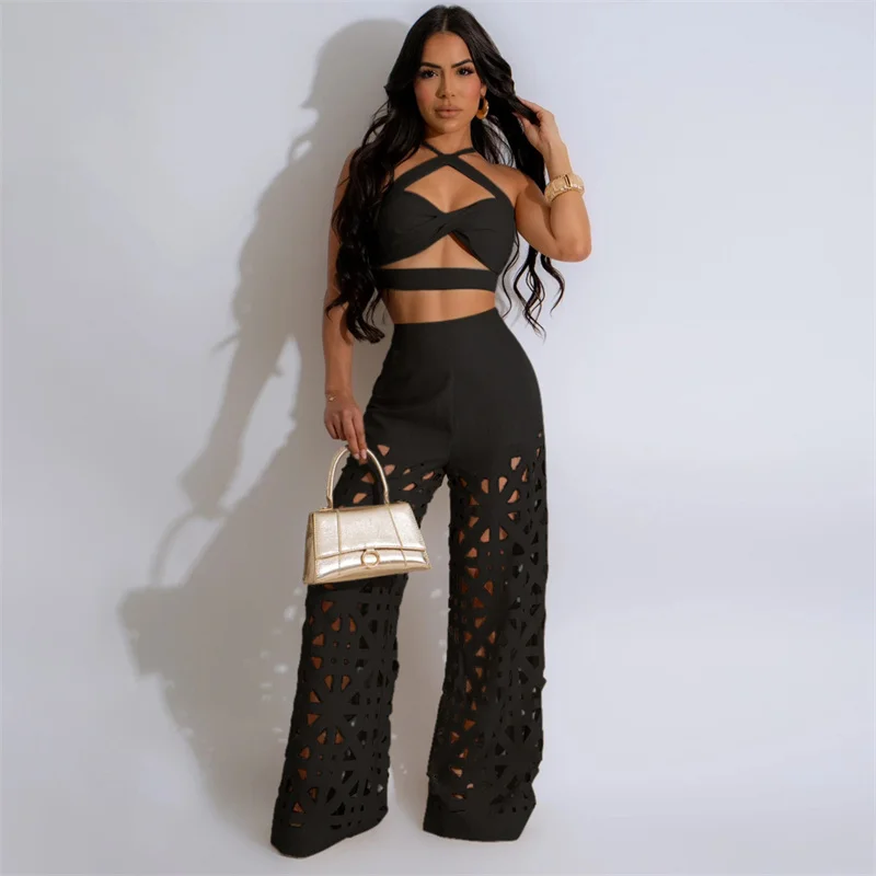 Summer Party Sexy 2 Piece Sets Women High Waist Hollow Out Loose Wide Leg Pants and Backless Strap Crop Top Night Club Outfits