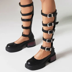 Street Style Punk Cool Boots Spring and Summer 2023 Fashion Buckle Design Chunky Heels Sandals Platform Shoes for Women,Big Size