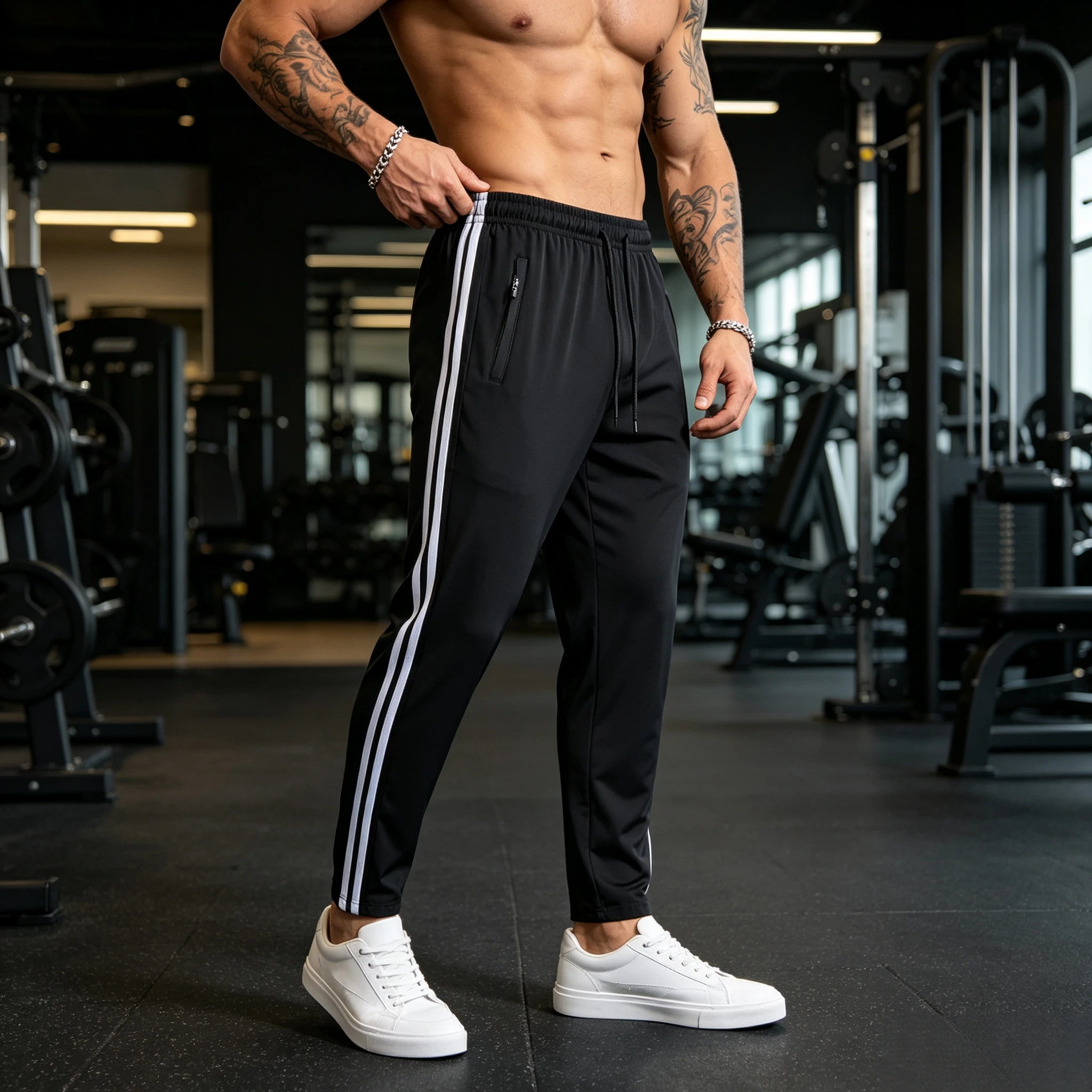 Neue Sommer-Herrenhose aus Eisseide, kühle Hose mit seitlichen Streifen, schwarz-graue, dünne Sporthose, Herren-Fitness-, Bergsteiger- und Wanderhose – Detail 6