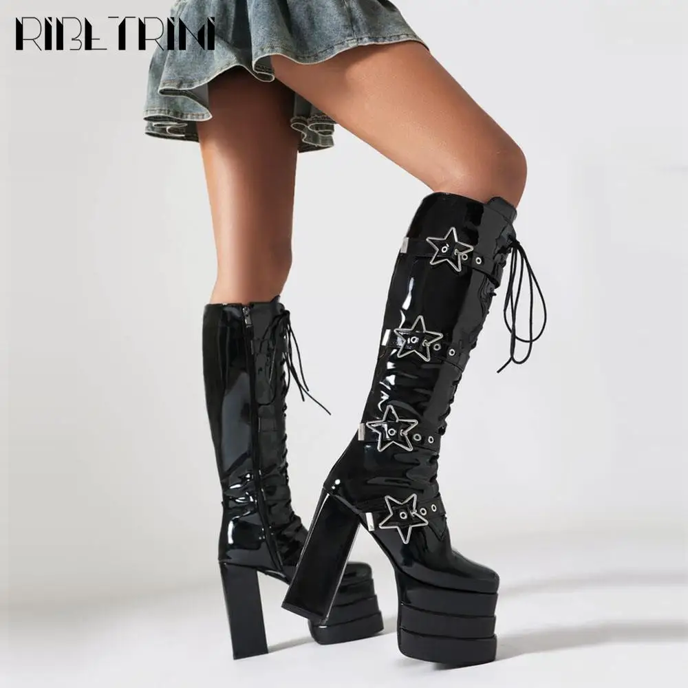 High Heeled Women Motorcycle Boots Knee High Lace Up Star Buckle Sassy Platform Shoes Punk Gothic Cool Fashion Y2K Cosplay Boots