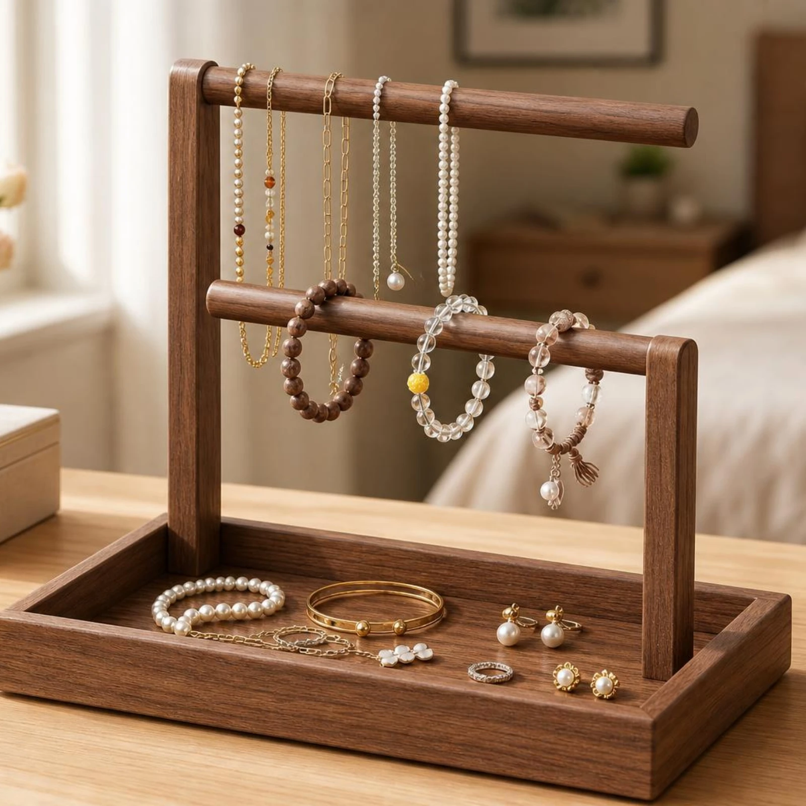 Jewelry Organizer Stand Wood Jewelry Stand with Tray Bracelet Display Gold Metal Staggered Height for Dresser, Vanity