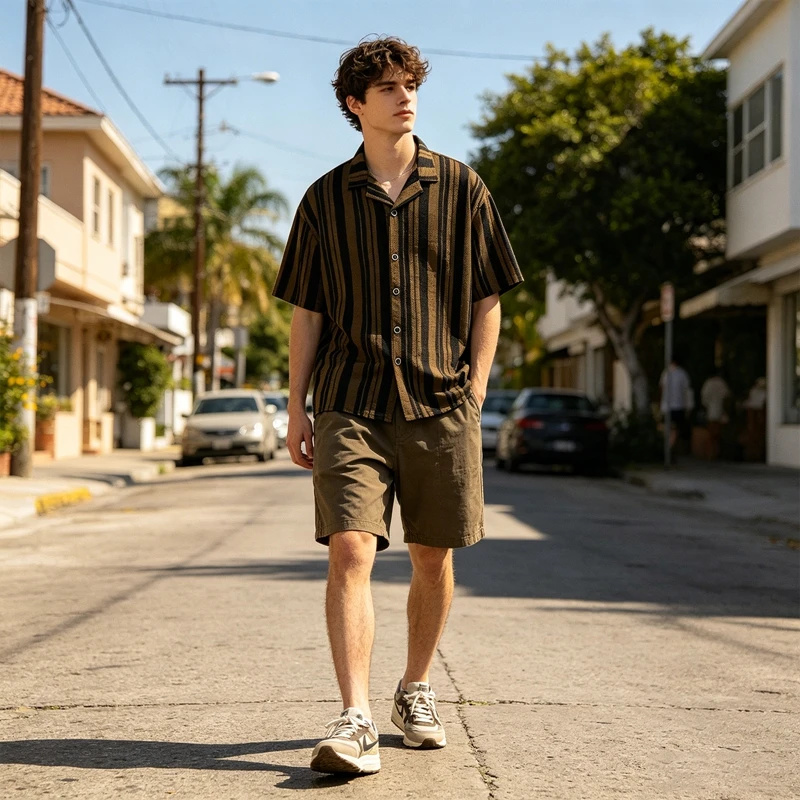 Retro Blau-Weiß Gestreifte Netzstrick-Hemden für Herren Ausgehöhlte Kurzarm-Strickjacke Sommer Hawaiianische Strandhemden Lässige Übergrößen-Hemden – Detail 4
