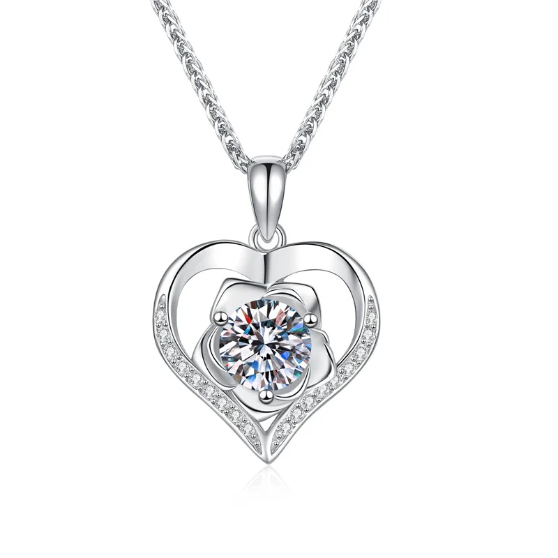 

ZFSILVER Fashion Trendy Classic 925 Silver 1ct Moissanite Rose Heart Necklace Charms Women Accessories Party Jewelry Gifts XL435