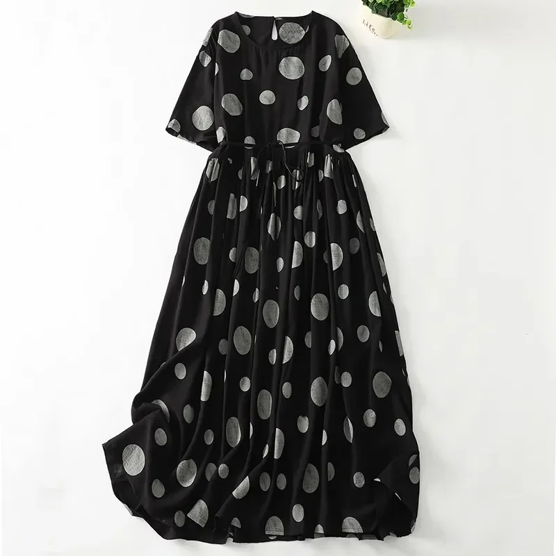 

Pop New Summer Women Midi Dresses Vintage Literary Polka Dot O-Neck Belted Party Dresses Office Lady Print Sundress