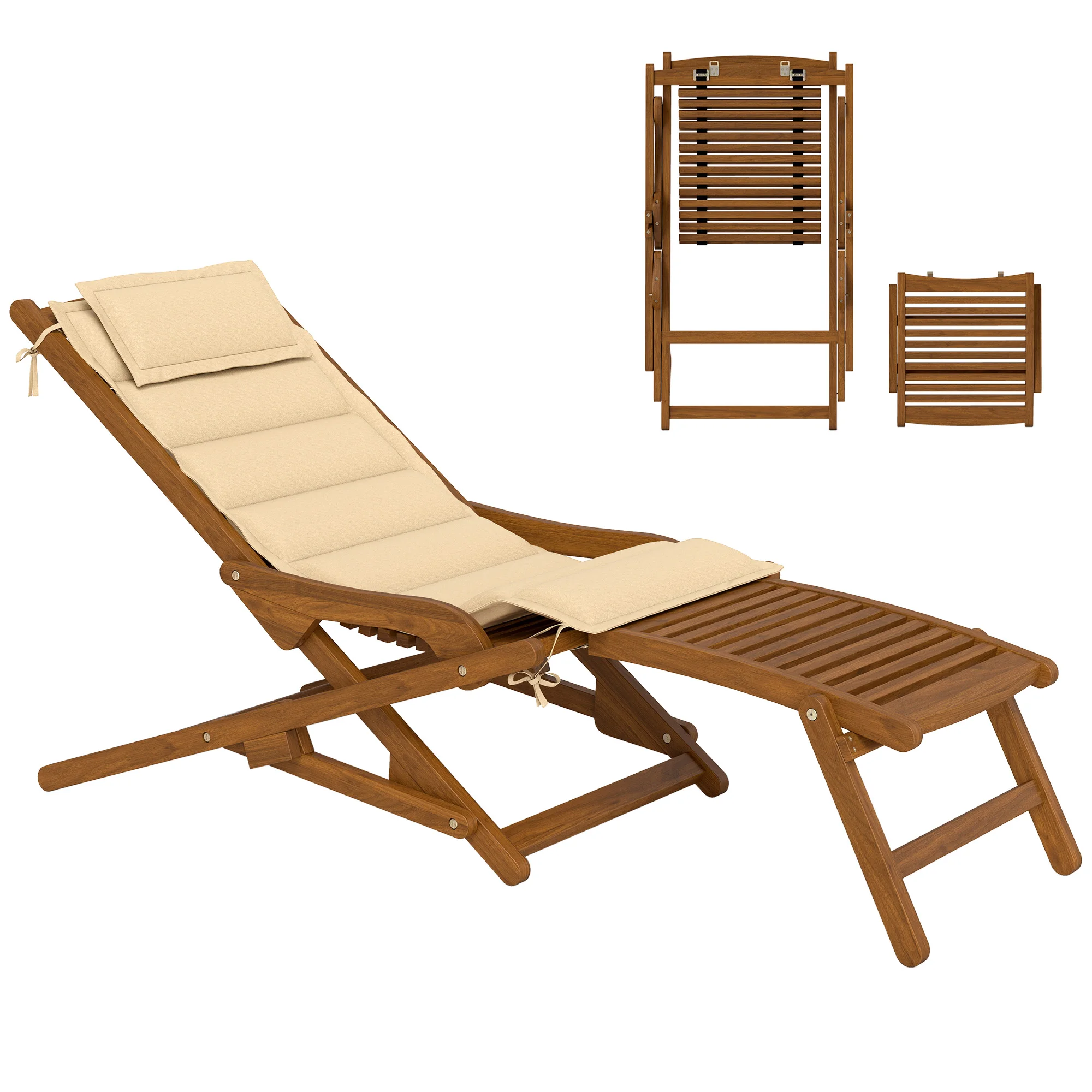 Outsunny Tumbona Silla Plegable de Madera con Reposapiés Desmontable y Cojín