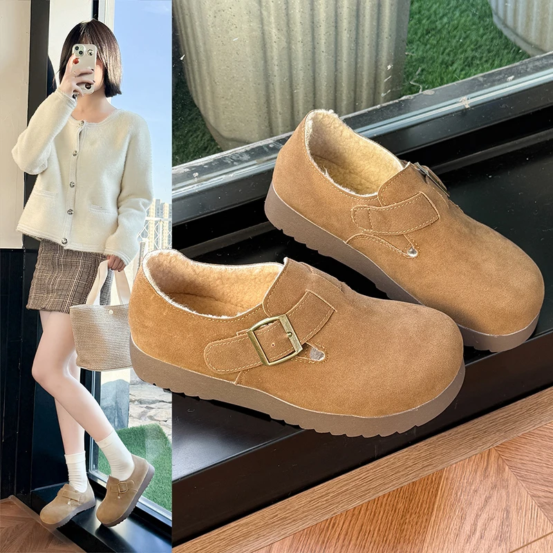 

Женские замшевые туфли на плоской подошве, ботинки без шнуровки в стиле ретро на флисовой подкладке, женская осенне-зимняя модная повседневная обувь на платформе