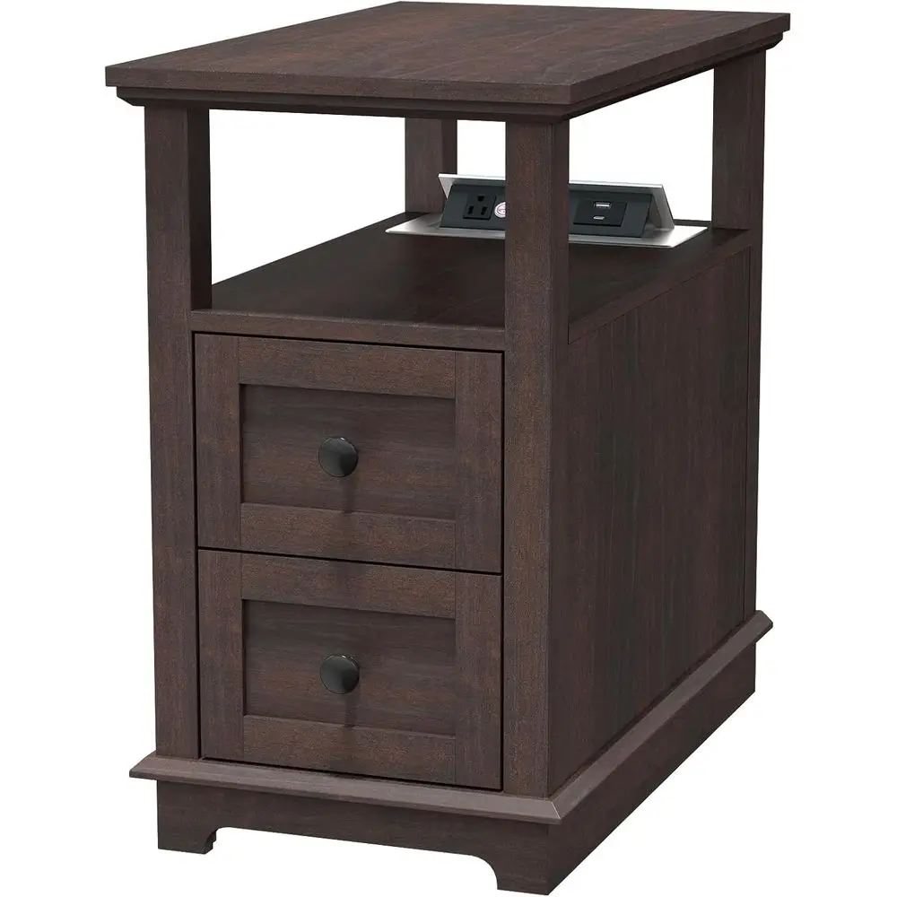 Compact Charging Station End Table with Dual Ports, USB & Type-C, Power Outlets, Wooden Storage Cabinet, Storage Side Table for