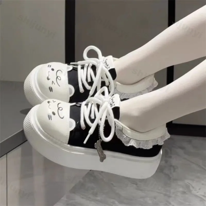 

Женская милая парусиновая обувь, весна-осень 2023, новая кружевная удобная повседневная обувь на платформе, уличная нескользящая обувь для доски, увеличивающая рост