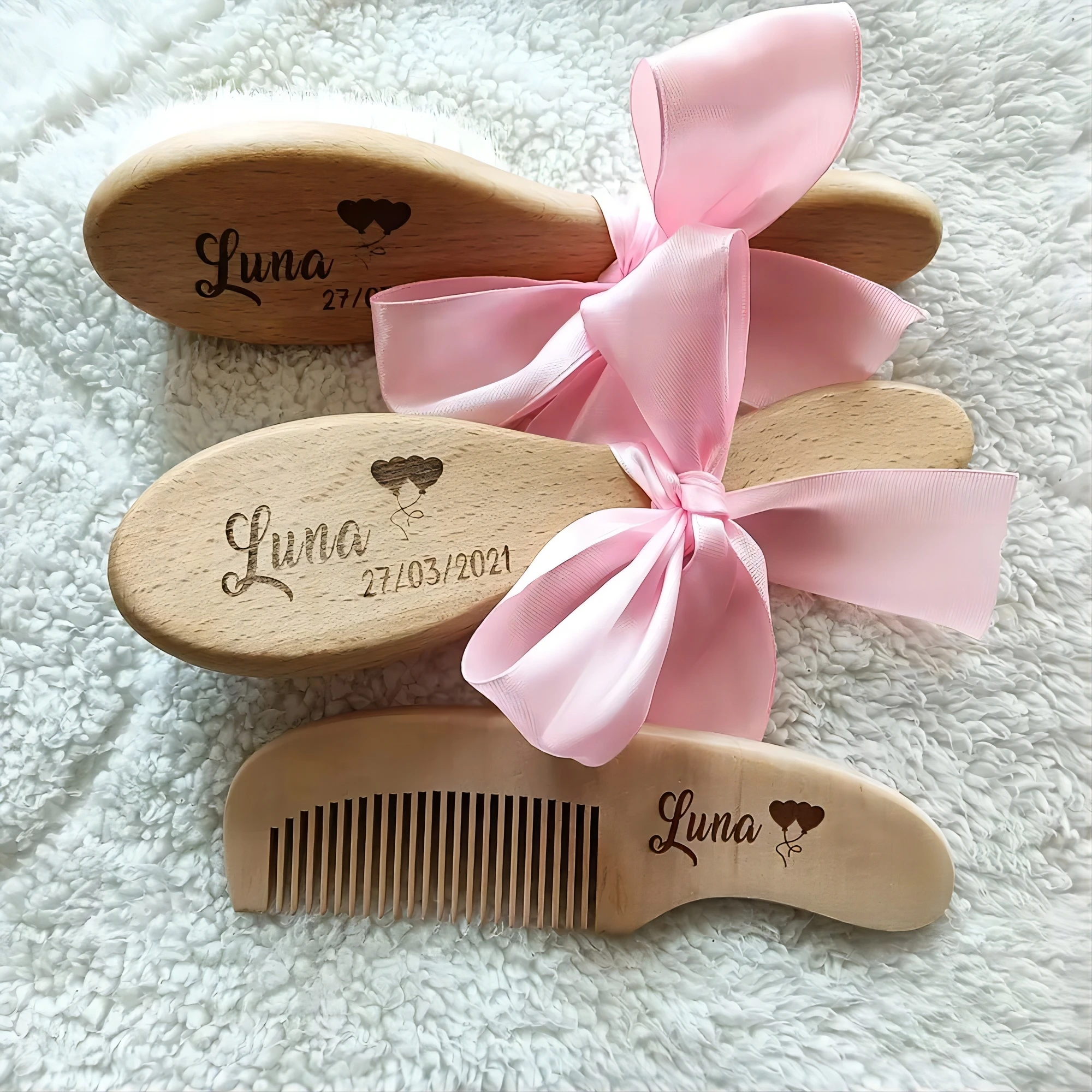 Custom Engraved Keepsake Gift For Newborn,Personalized Baby Wooden Hair Brush and Comb Set of 3,Baby Shower Gift For Baby