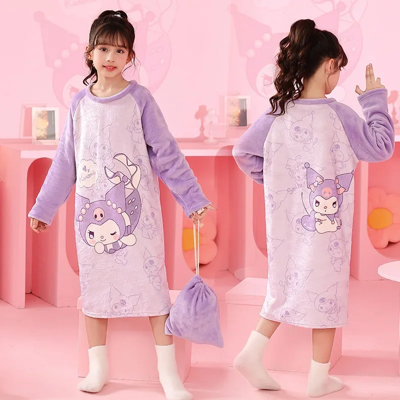 2024 Autumn Winter Kids Flannel Pajamas Miniso Anime Cartoon Nightgown Girl Nightdress Children Warm Sleepwear Kawaii Loungewear