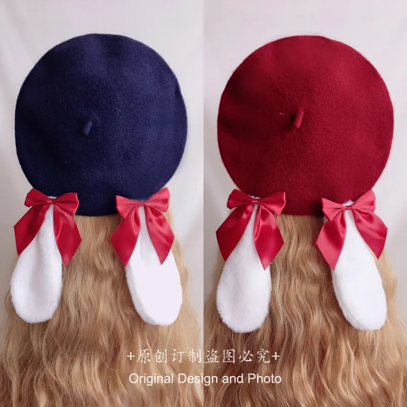 Bunny hat lolita hat Japanese cute girl cartoon bow tie hat woolen sweet beret bunny ears